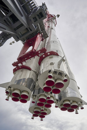 06.17.2022 Russia Moscow VDNH the vostok launch vehicle on a pedestal in the park against the blue skyのeditorial素材