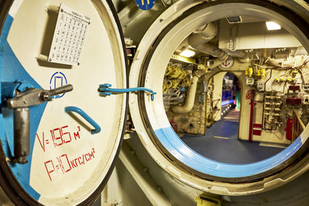06.19.2022 Moscow Museum of the History of the Russian Navy Submarine B396 Novosibirsk Komsomolets open hatch between the compartments of the submarine close-upのeditorial素材
