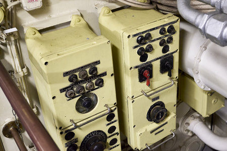 19/06/2022 Moscow Museum of the History of the Russian Navy Submarine B396 Novosibirsk Komsomolets pressure gauges in the submarine compartment. high quality photoのeditorial素材