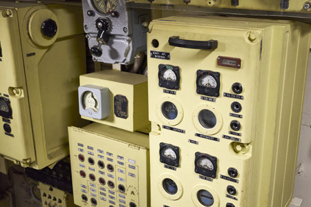 19/06/2022 Moscow Museum of the History of the Russian Navy Submarine B396 Novosibirsk Komsomolets pressure gauges in the submarine compartment. high quality photoのeditorial素材