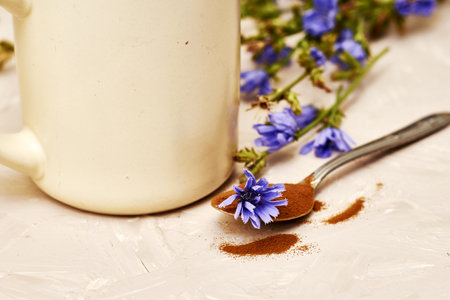 a mug with a drink of chicory chicory flowers and a spoon with powder and a chicory flower on the table. high quality photoの写真素材