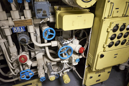 19/06/2022 Moscow Museum of the History of the Russian Navy Submarine B396 Novosibirsk Komsomolets pressure gauges in the submarine compartment. high quality photoのeditorial素材
