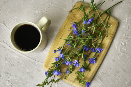 a mug with a drink and chicory flowers on a cutting board. high quality photoの写真素材