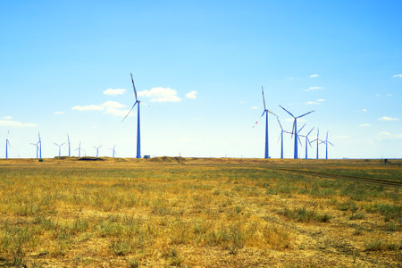 wind farm in the steppe against the blue sky. high quality photoの写真素材