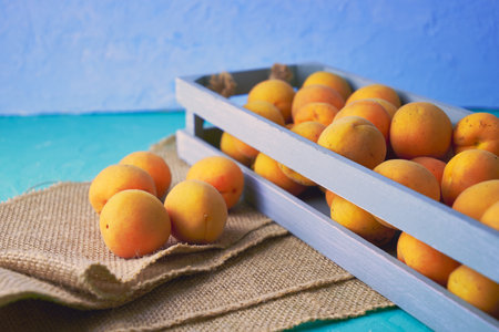 ripe juicy apricots in a wooden box and on burlapの写真素材