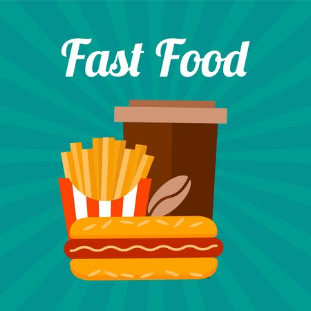 Fast food banner. Flat retro style. Coffee, franch fries and sandwich.のイラスト素材