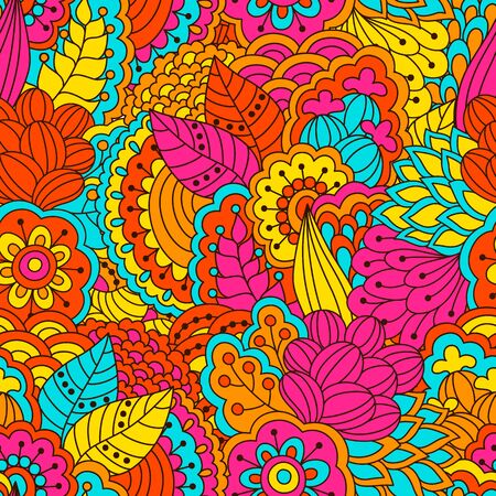 Hand drawn seamless pattern with floral elements. Colorful background. Pattern can be used for fabric, wallpaper or wrapping.のイラスト素材