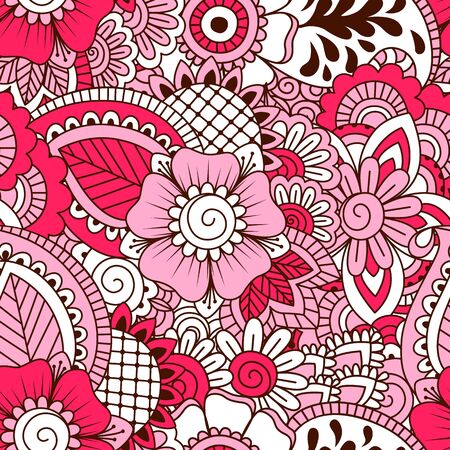 Hand drawn seamless pattern with floral elements. Colorful ethnic background. Pattern can be used for fabric, wallpaper or wrappingのイラスト素材