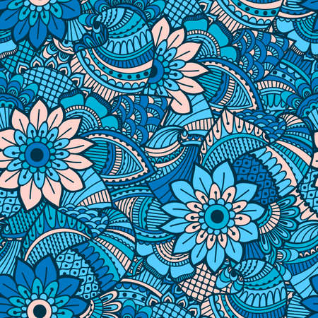 Hand drawn seamless pattern with floral elements. Colorful ethnic background. Pattern can be used for fabric, wallpaper or wrapping.のイラスト素材