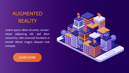 Augmented reality concept. Isometric city with money, medicine and social media symbols in smartphone. Vector illustration. Template for web design.のイラスト素材