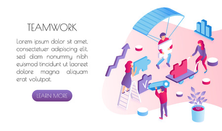 Ð¢eamwork concept. Office people collect puzzle and perform a work task. Vector illustration. Well-balanced work. Isometric 3d vector illustration.のイラスト素材