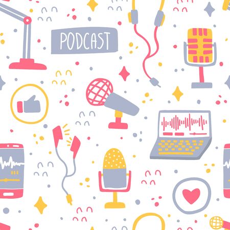 Podcast doodle elements seamless pattern.のイラスト素材