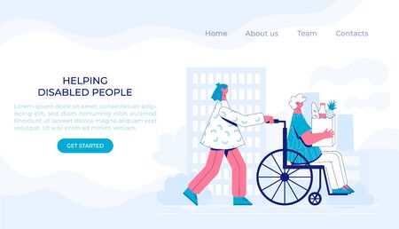 Volunteer help disabled. Woman in a wheelchair. Vector illustration. Landing page.のイラスト素材