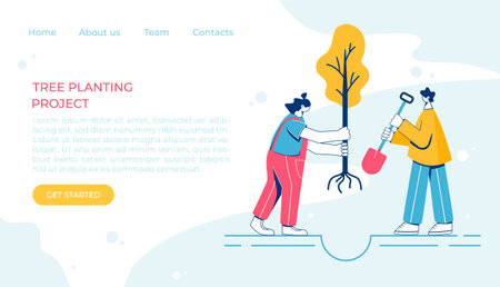 Volunteer work concept. Tree planting. Flat vector illustration. Man and woman characters. Landing page.のイラスト素材