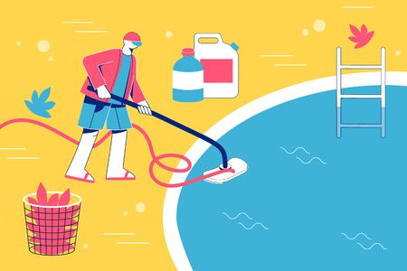 Pool maintenance concept. Man cleaning pool with vacuum. Vector illustration. のイラスト素材