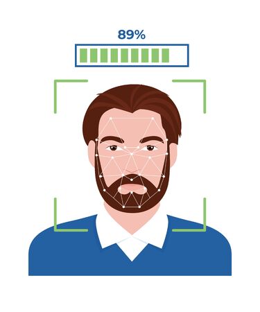 Facial recognition technology. Mans face scanned on screen.のイラスト素材