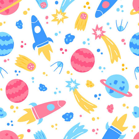 Space children seamless pattern. Rocket, shooting stars, planet, comet, satellite.のイラスト素材