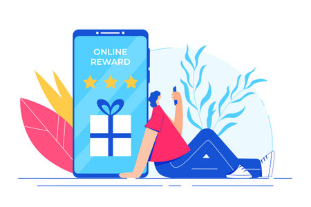 Girl receives a notification of the award on the smartphone screen. Online reward concept.のイラスト素材