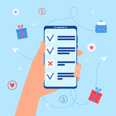 Online survey concept. Hand holding smartphone with questionnaire.のイラスト素材