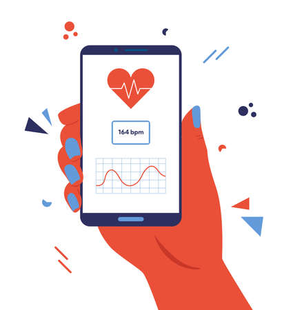 Hand holding smartphone with heart rate monitoring app.のイラスト素材