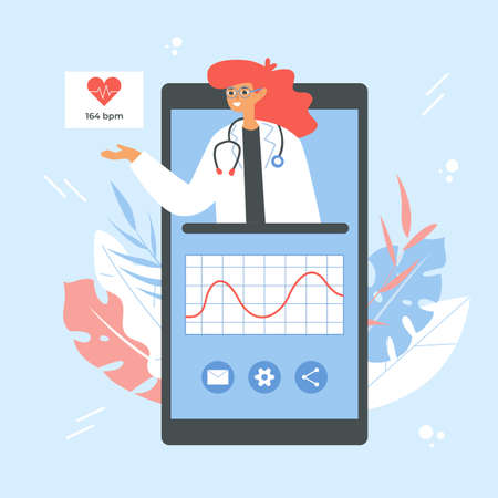Heart rate monitoring app concept. Smartphone with female doctor and heart rate chart.のイラスト素材