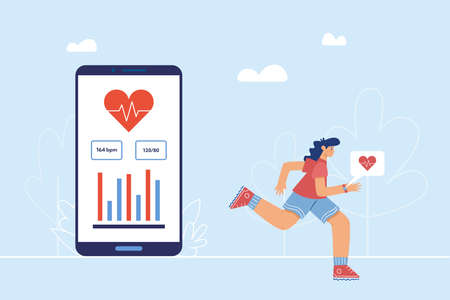 Heart rate monitoring app concept. A girl with a smart watch on her hand runs near a huge smartphoneのイラスト素材