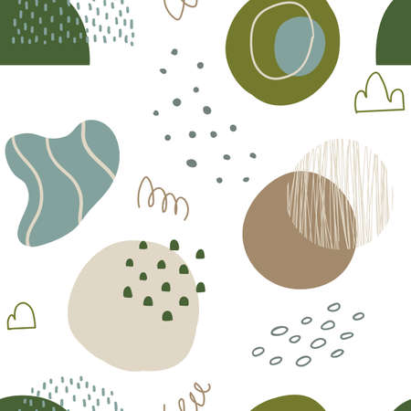 Abstract seamless pattern in trendy style with botanical and geometric elements, textures. Natural earthy colors.のイラスト素材