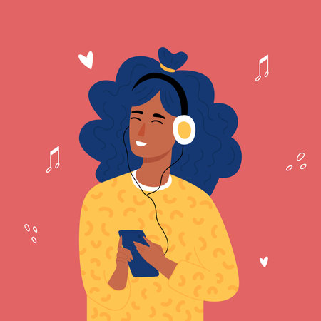 African teenage hipster girls listening to music with headphones. Trandy hand drawn style.のイラスト素材