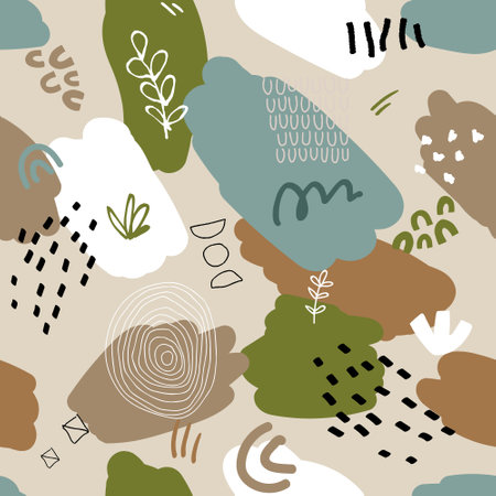 Abstract seamless pattern in trendy style with botanical and geometric elements, textures. Natural earthy colors.のイラスト素材
