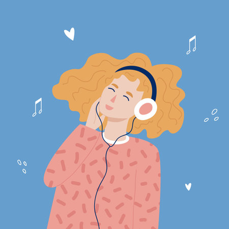 Redhead teenage hipster girl listening to music with headphones. Trandy hand drawn style.のイラスト素材