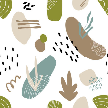 Abstract seamless pattern in trendy style with botanical and geometric elements, textures. Natural earthy colors.のイラスト素材