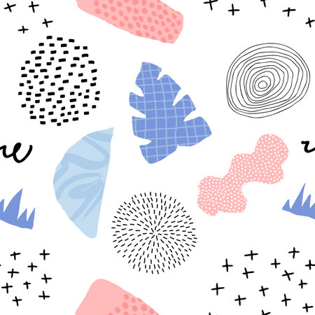 Abstract seamless pattern in trendy style with botanical and geometric elements, textures. Trendy pastel colors.のイラスト素材