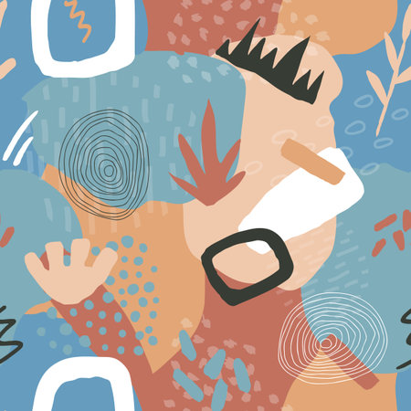 Abstract seamless pattern in trendy style with botanical and geometric elements, textures. Trendy bright colors. Vector illustration.のイラスト素材