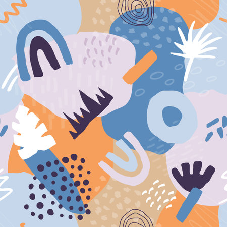 Abstract seamless pattern in trendy style with botanical and geometric elements, textures. Trendy bright colors. Vector illustration.のイラスト素材