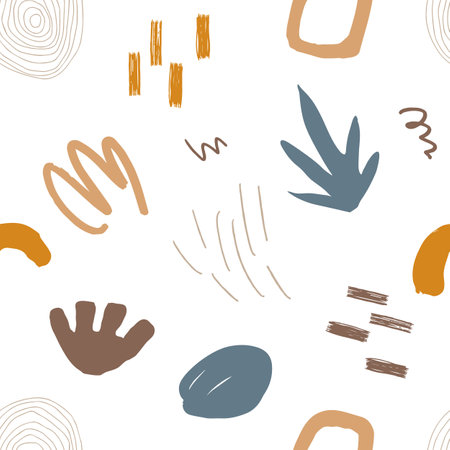 Abstract seamless pattern in trendy style with botanical and geometric elements, textures. Trendy bright colors. Vector illustration.のイラスト素材