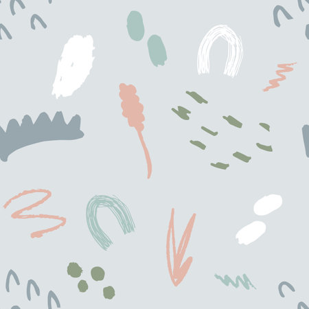 Abstract seamless pattern in trendy style with botanical and geometric elements, textures. Trendy bright colors. Vector illustration.のイラスト素材