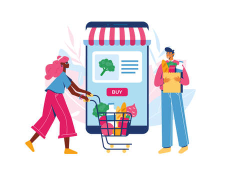 Online grocery store concept. Woman and man with groceries coming out of smartphone. Vector illustration.のイラスト素材