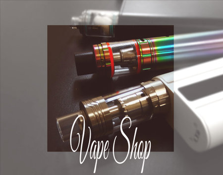 Assortment of electronic cigarettes store device variety vape vaping vapers popular modern style fashion design vaporizer coil trend concept shop advertisingの写真素材