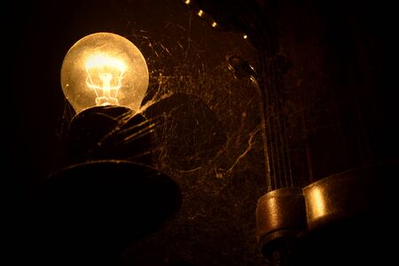 Old brown lamp with a light bulb and web aroundの写真素材