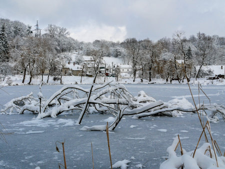 Evening on an frozen lake ice snowyの写真素材