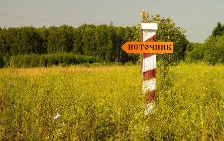 Wooden pointer of the direction of the motion on background green wood with inscription "Source"の写真素材
