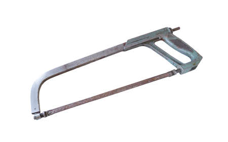 Old metal hacksaw isolated on a white background. Metal locksmith toolsの写真素材