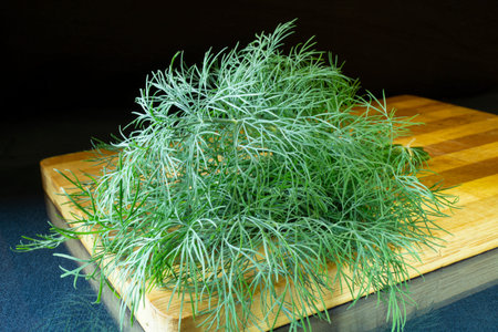A bunch of dill on the table with a reflection. Green seasoning on a black background