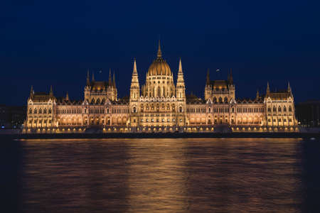 Night scene of Hungarian Parliament Building at the Danube River bank, viewed from Buda side.のeditorial素材