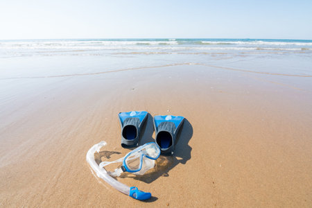 diving and snorkeling equipment on the sand of the beach. fins, mask and snorkel. leisure and water...