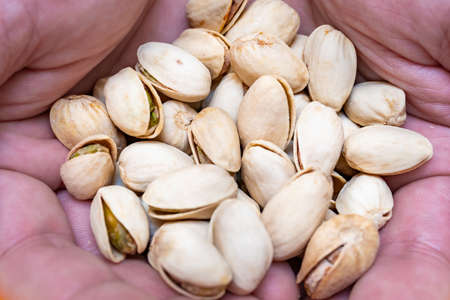 Hands of a person with a handful of pistachios. Nuts source of fiber. concept of care, food and healthy lifestyleの写真素材