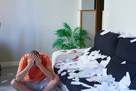 A young man sitting on the floor frustrated and burdened by the stress of all the bills, receipts...