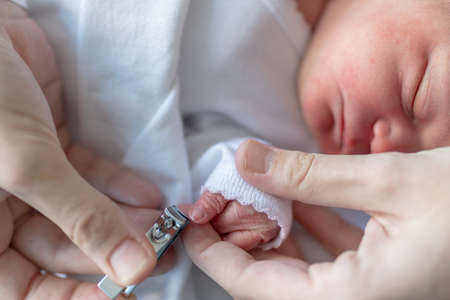 hands of a mother cutting the nails with a nail clipper to her newborn baby while he is asleep. hygiene and care of the newbornの写真素材