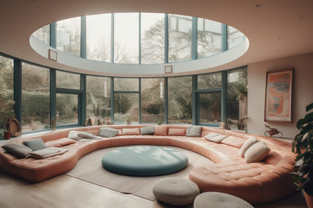 Interior of a modern living room with orange sofa and round tableの素材