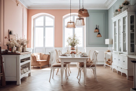 Modern living room interior in light pastel colors with dining table and chairsの素材